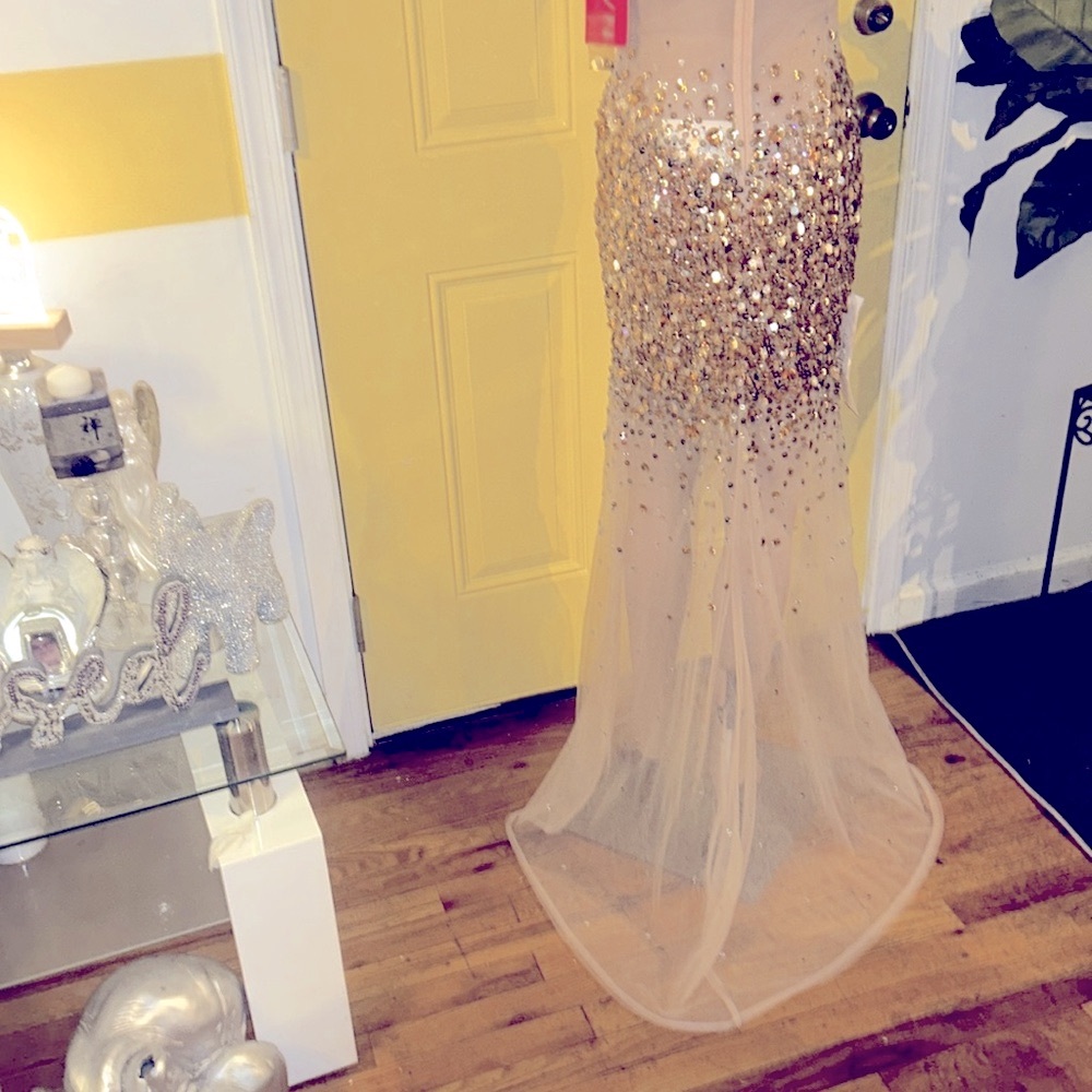 NWT Jovani nude rhinestones sequins elegant all eyes on you dress only $345 - Picture 5 of 9